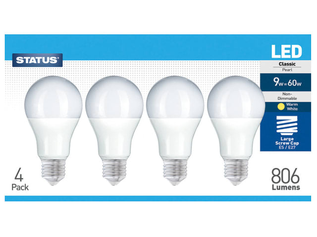 Status International GLS LED 8.5W 810 Lumens Pearl Edison Screw Warm White x4