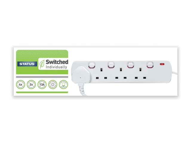 Status International Switched Extension Lead 4 Way 2m Neon S4WSS2M1PKB12