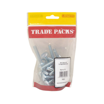 Centurion Carriage Bolts & Nuts M8 x 50mm ZP Pack of 18