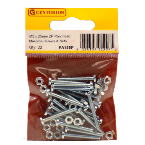 Centurion FA155P M3 x 25mm ZP Machine Screws & Nuts Pack 22