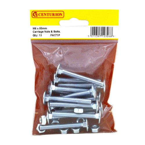 Centurion Carriage Bolts & Nuts M6 x 50mm Zinc Plated Pack 13 FA171P