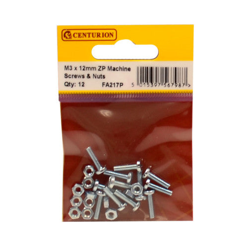 Centurion M3 x 12mm Zinc Pan Head Machine Screws Nuts Pack 12