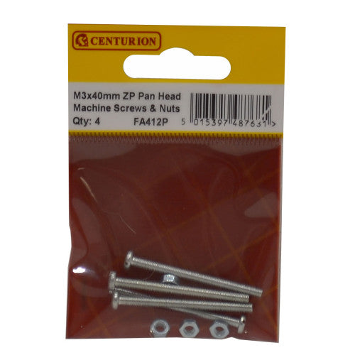 Centurion M3 x 40mm Zinc Plated Pan Head Machine Screws & Nuts Pack 20 FA412P