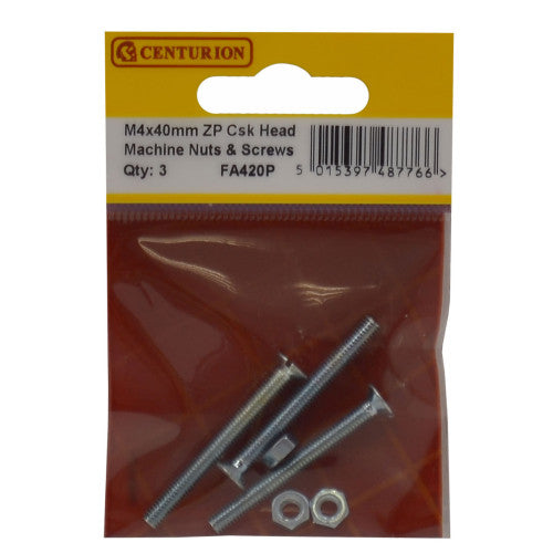 Centurion M4 x 40mm Zinc Plated Countersunk Machine Screws & Nuts Pack 10 FA420P