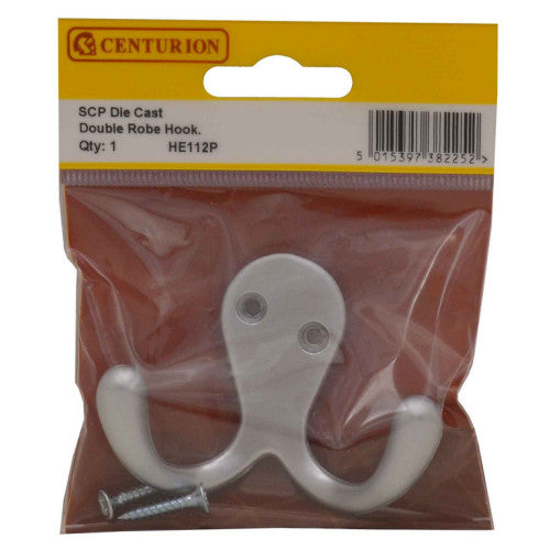 70mm Die Cast Double Robe Hook - Satin Chrome - Pack Qty 1 Code: HE112P