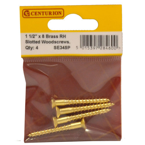 Centurion Brass Slotted Raised Head Woodscrew 1.5" x 8 Pack 4 SE345P