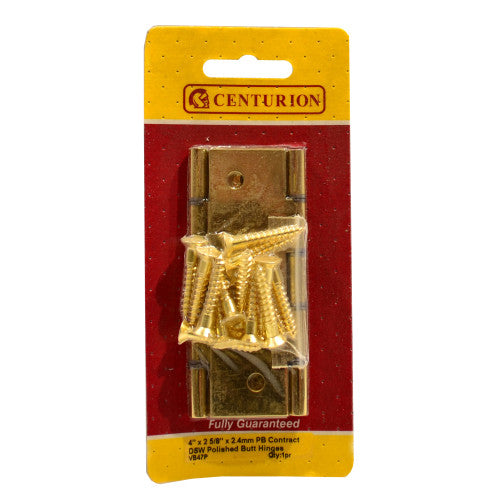 Centurion 4" x 2 5/8" x 2.4mm Polished Brass Contract Butt Hinges VB47P