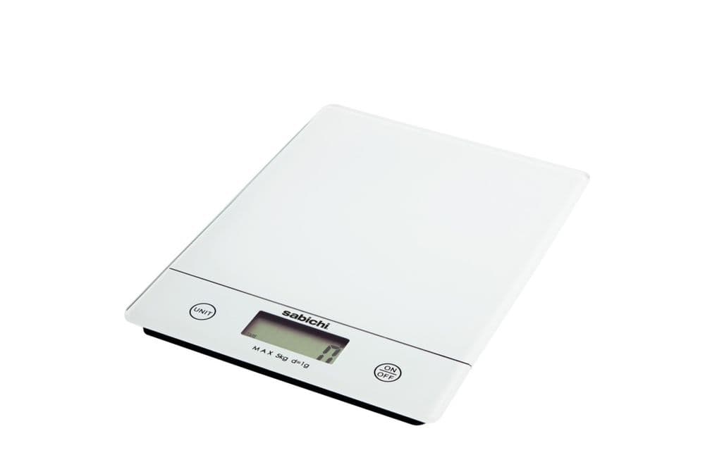 White tempered glass Sabichi digital kitchen scale with LCD display, UNIT and ON/OFF buttons, 5kg max capacity