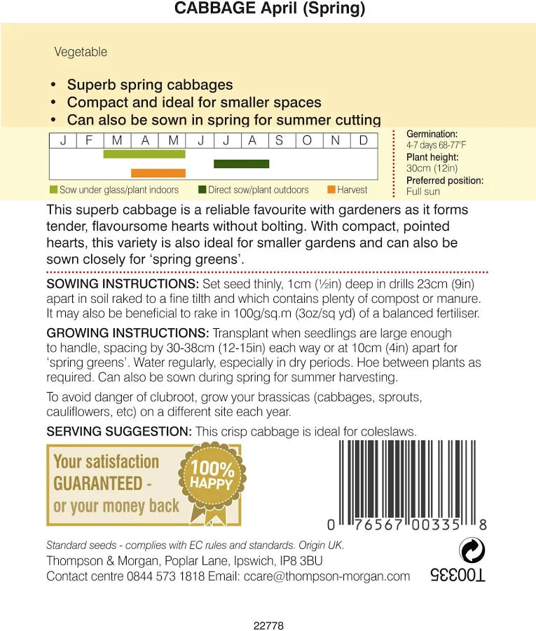 Thompson & Morgan Cabbage April (Spring) seed packet back with sowing dates, instructions and barcode