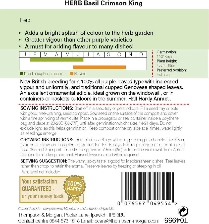 Back of Thompson & Morgan Basil Crimson King seed packet with sowing, growing and harvest information