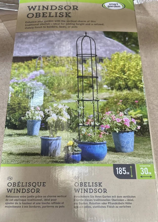 Smart Garden Windsor Obelisk retail packaging showing 185cm height and 30cm diameter