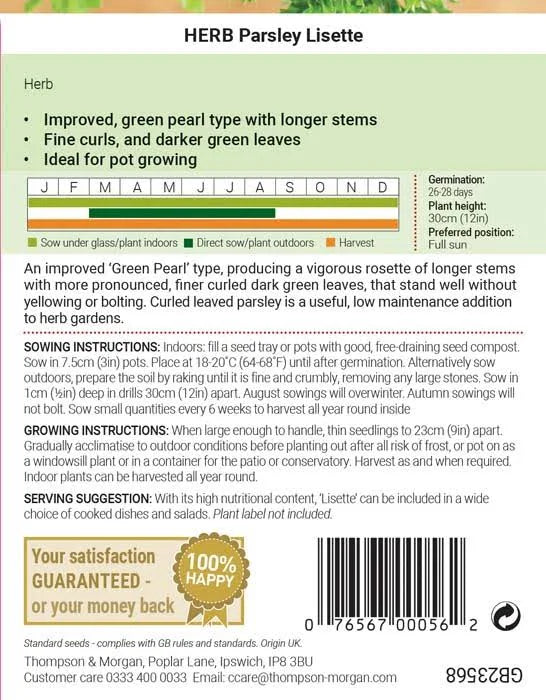 Back of Thompson & Morgan Herb Parsley Lisette packet with sowing calendar, growing instructions and germination details