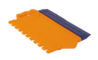 Orange Vitrex combination spreader with notched comb edge and blue rubber squeegee blade at an angle