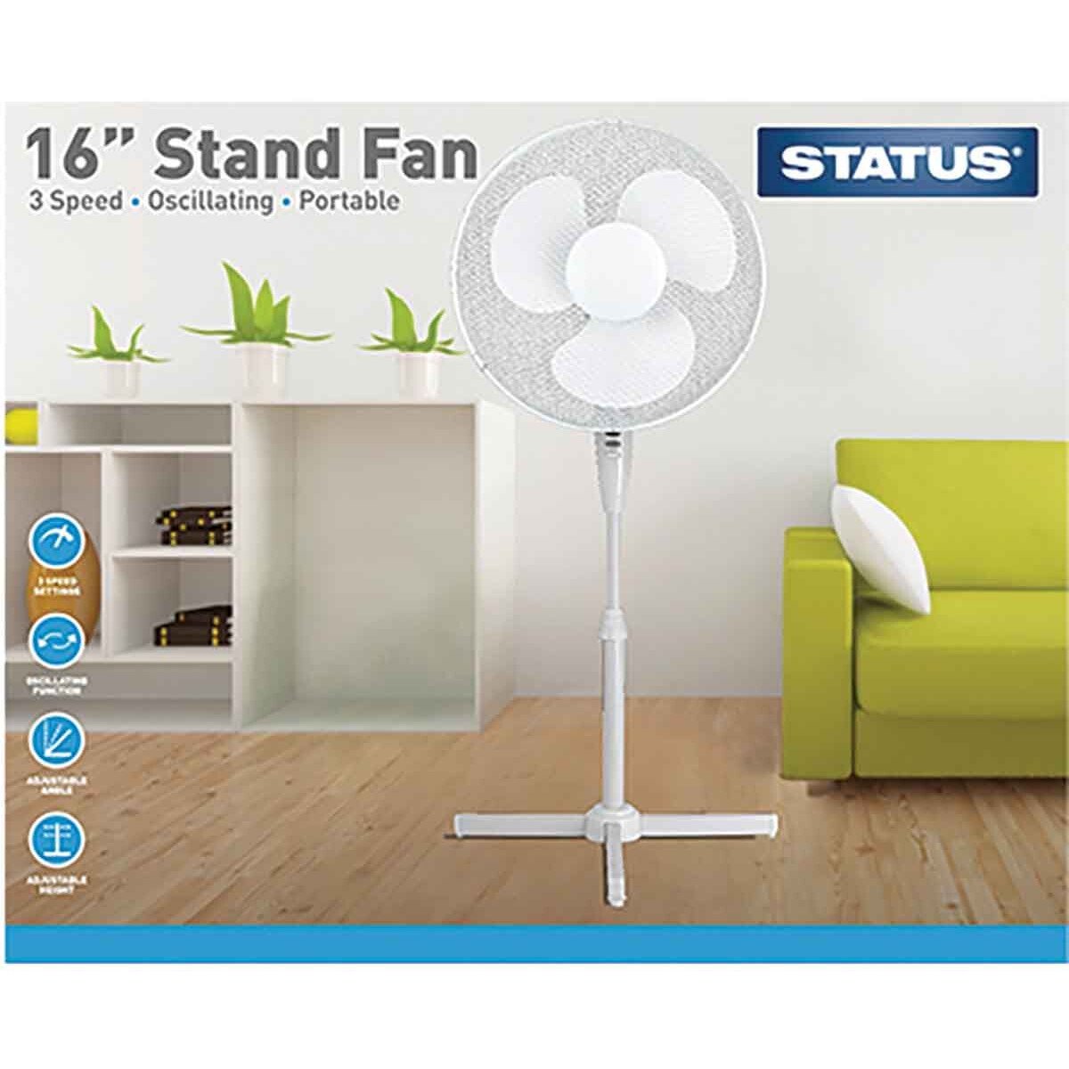 Status Stand Fan 3 Speed 16in White S16STANDFAN1PKB