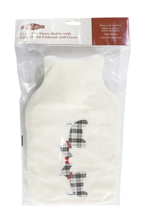 Hot Water Bottle - Knitted & Embroidered Cover - 2 Litres