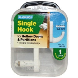Plasplugs Hollow Door Hook Single White HW124