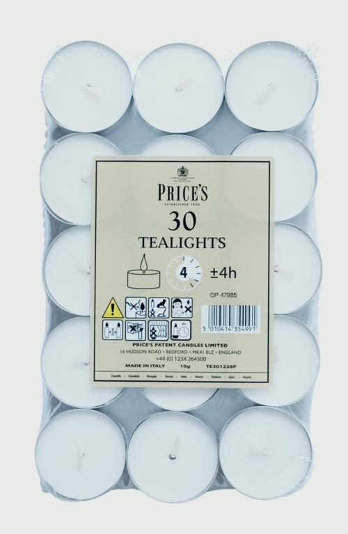 Price's Tealights White Pack 30 4 Hour TE301228