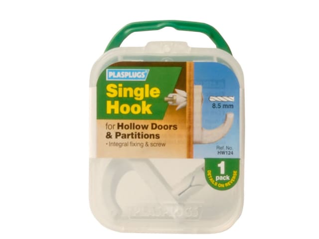 Plasplugs Hollow Door Hook Single White HW124