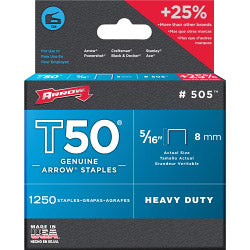 Arrow T-50 Staples 8mm 5/16in Box 1250 A50524