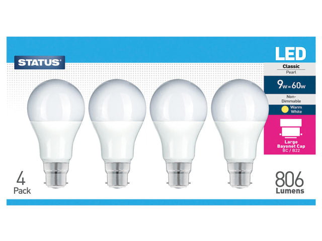 Status International GLS LED 8.5W 810 Lumens Pearl Bayonet Cap Warm White x4