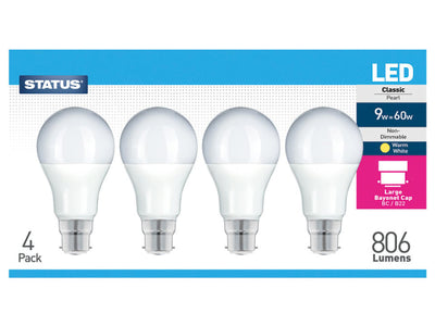 Status International GLS LED 8.5W 810 Lumens Pearl Bayonet Cap Warm White x4