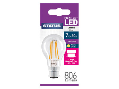 Status International GLS Filament LED 7W 806 Lumens Clear Bayonet Cap Dimmable Warm White