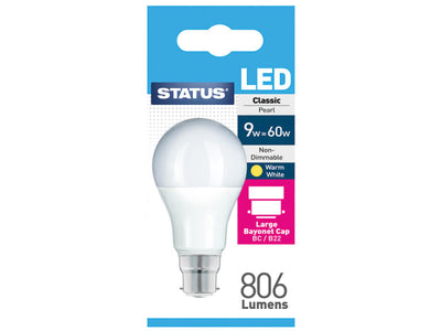 Status International A60 GLS LED 8.5W 806 Lumens Bayonet Cap Pearl Warm White