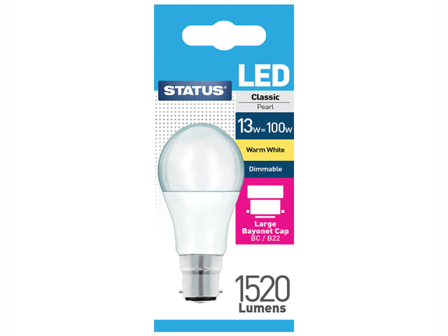 Status International Dimmable LED GLS 13W 1520 Lumens Bayonet Cap Pearl Warm White
