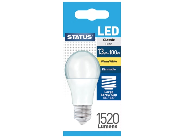 Status International Dimmable LED GLS 13W 1520 Lumens Edison Screw Pearl Warm White