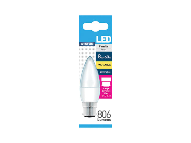 Status International Dimmable LED Candle 8W 806 Lumens Bayonet Cap Pearl Warm White
