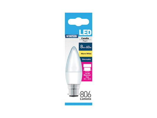 Dimmable LED Candle 8W 806Lumen Bayonet Cap Pearl W.White