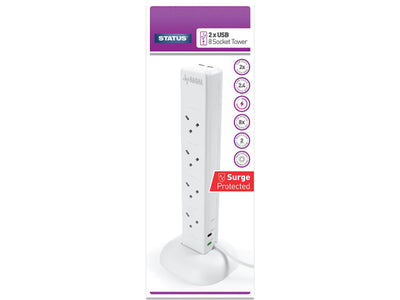 Status International Tower Extension Socket 8 Way + 2 USB Surge Protector 2m Neon