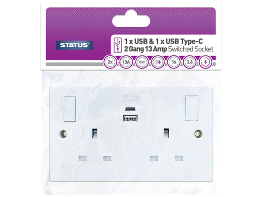 Charging Port Wall Socket 2 Gang USB-A + C S2G13ATCAUSBSWS4