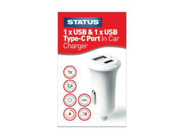 Status International In Car Charger 2 x USB-A + USB-C 12V S2USBACCC1PK6