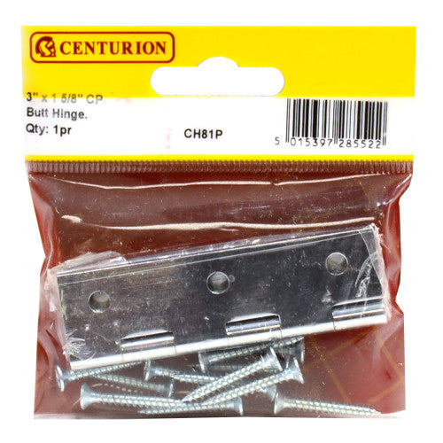 Centurion Solid Drawn Butt Hinges 3in x 1 5/8in CP 1 Pair CH81P