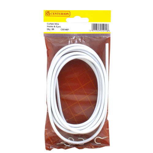 Centurion CW146P white curtain wire, 8ft coil with hooks and eyes, in retail packaging