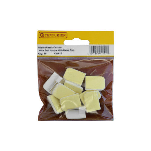 Centurion CW61P white plastic curtain wire end hooks with metal rod, pack of 10, in branded packaging