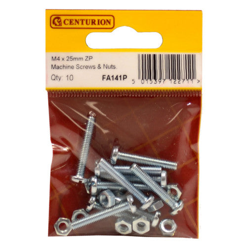 Centurion M4 x 25mm ZP Machine Screws & Nuts Pack 10 FA141P