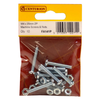 Centurion M4 x 25mm ZP Machine Screws & Nuts Pack 10 FA141P