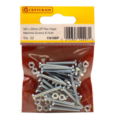 Centurion FA155P M3 x 25mm ZP Machine Screws & Nuts Pack 22