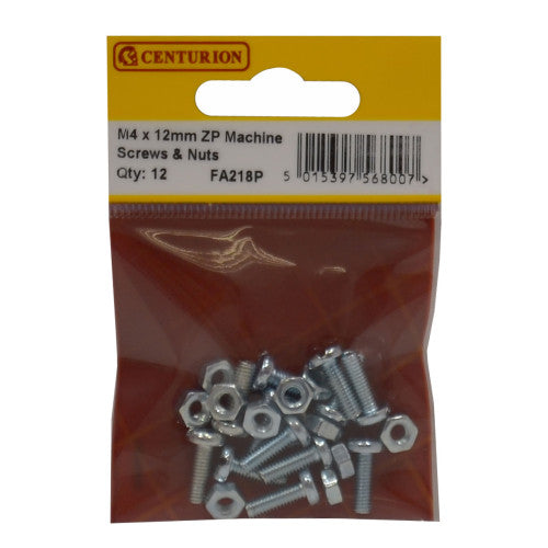 Centurion M4 x 12mm ZP Machine Screws Nuts Pack 12 FA218P