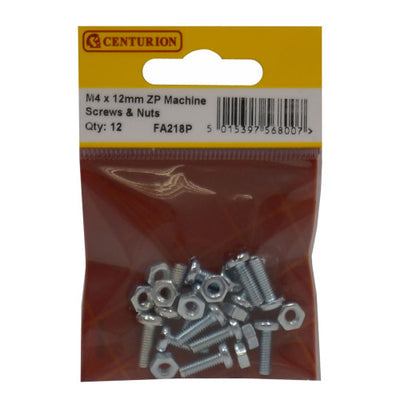 Centurion M4 x 12mm ZP Machine Screws Nuts Pack 12 FA218P