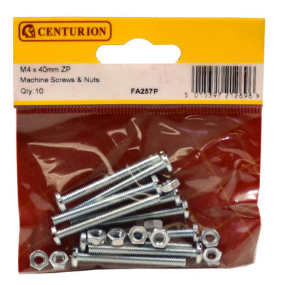 Centurion Machine Screws Nuts M4 x 40mm ZP Pack 10 FA257P