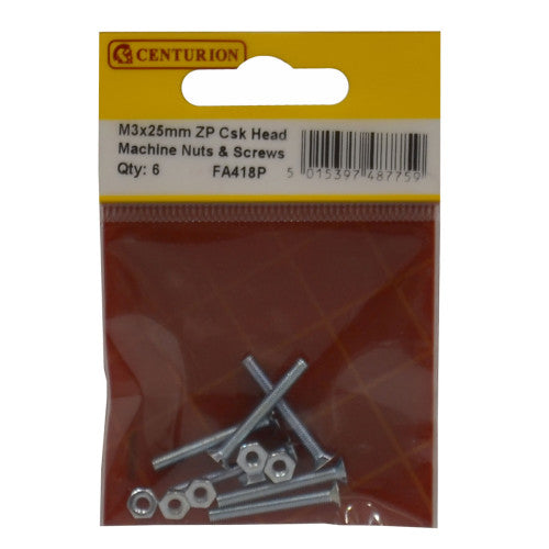Centurion M3 x 25mm ZP Csk Head Machine Screws & Nuts Pack 22