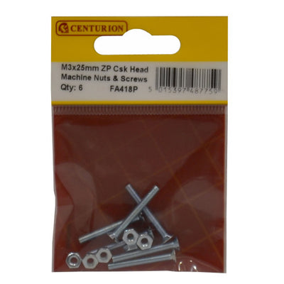 Centurion M3 x 25mm ZP Csk Head Machine Screws & Nuts Pack 22