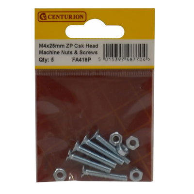 Centurion M4 x 25mm ZP Csk Machine Screws Nuts Pack 10 FA419P