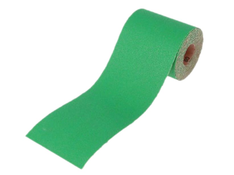 Green aluminium oxide sanding paper roll on a white background, unrolling from the core