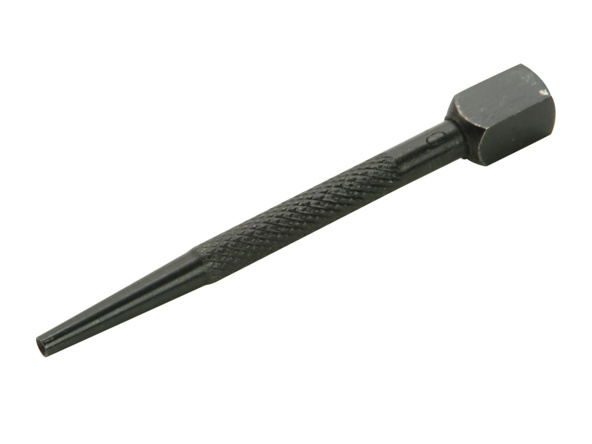 Black square head nail punch with knurled grip and tapered concave tip on a white background