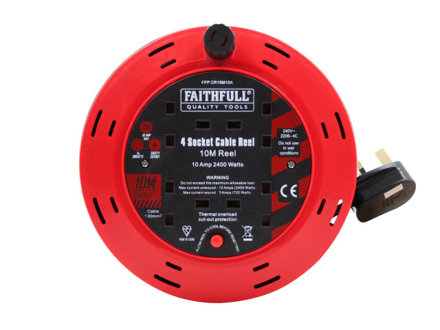 Faithfull Power Plus Cable Reel 240V 10A 4-Socket 10m