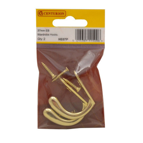Centurion 50mm Die Cast Wardrobe Hook Brass Pack 2 HE07P